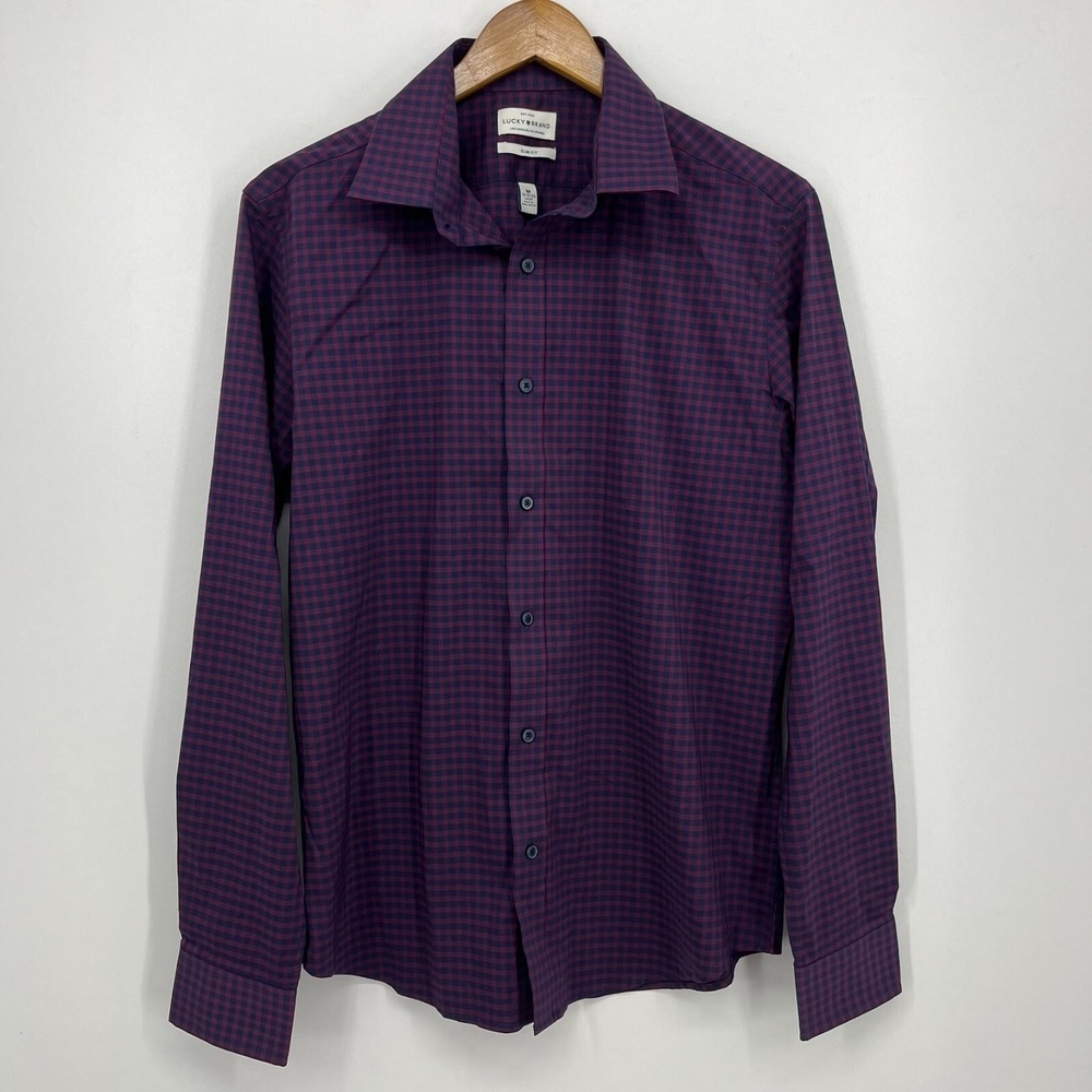 Lucky Brand Long Sleeve Button‎ Shirt Men's M Purple Slim Fit Check Print Cotton